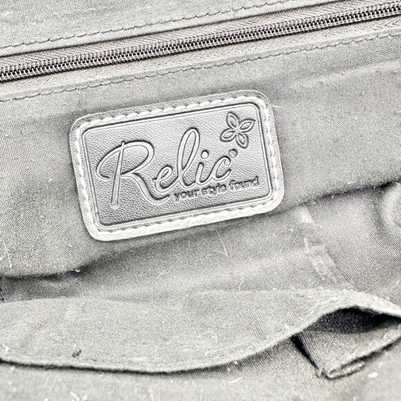 Relic Brown Geometric Pattern Handbag Black Faux Leather Trim Double Handles - Picture 4 of 12